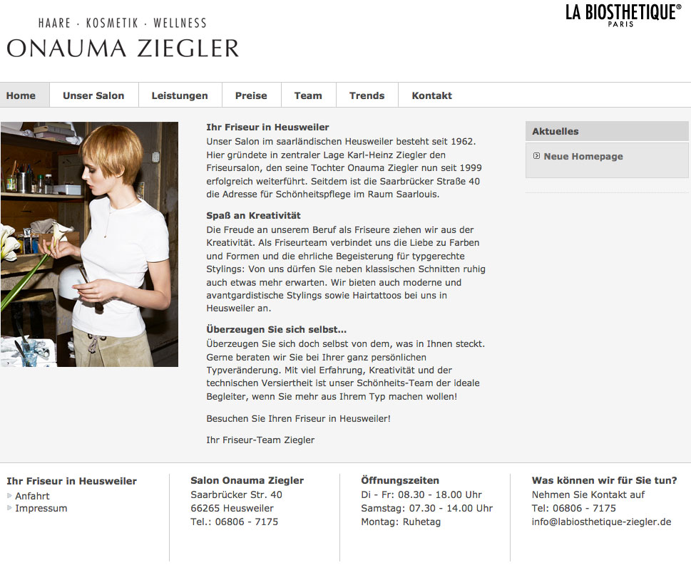 Screenshot der Website von Salon Onauma Ziegler