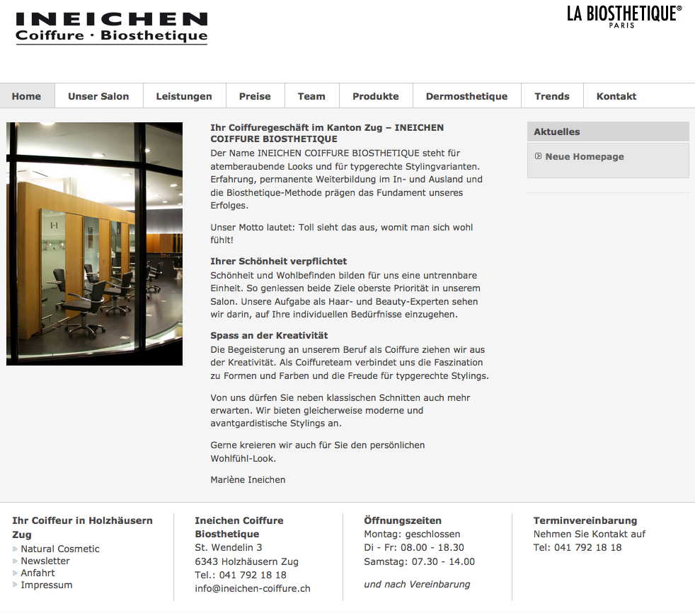 Screenshot der Website von Ineichen Coiffure Biosthetique